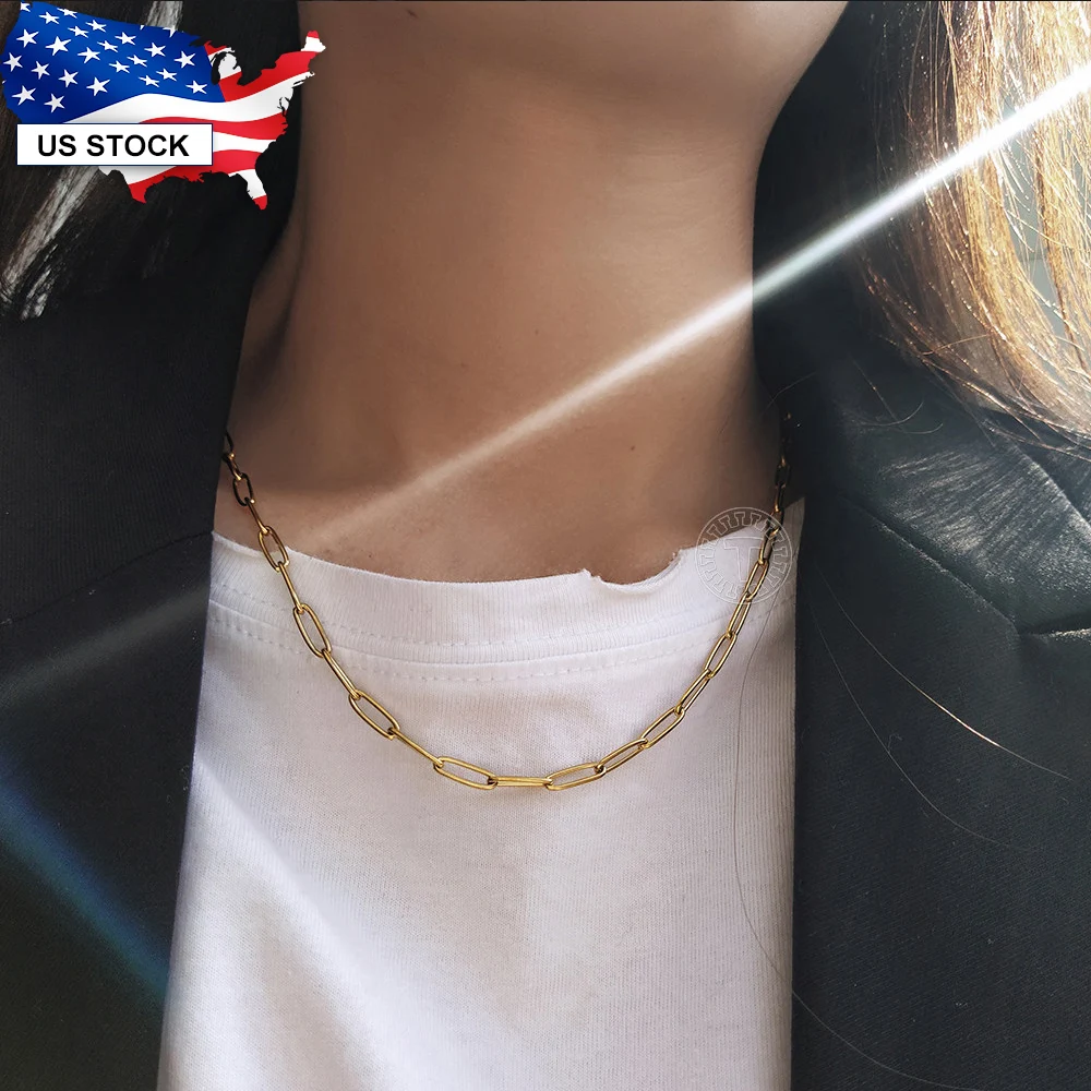 Layered Necklace for Women 4mm Gold Color Stainless Steel Paperclip Link Chain Choker Necklace Jewelry 16-20inch LDN244