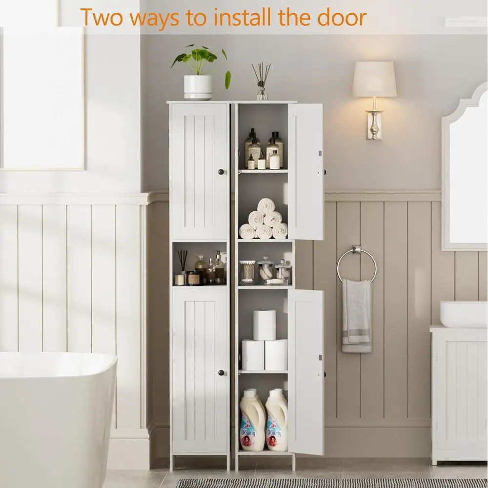 67 Высокий белый тонкий шкаф для хранения в ванной комнате с 2 дверцами, регулируемыми полками, защитой от опрокидывания, простая сборка