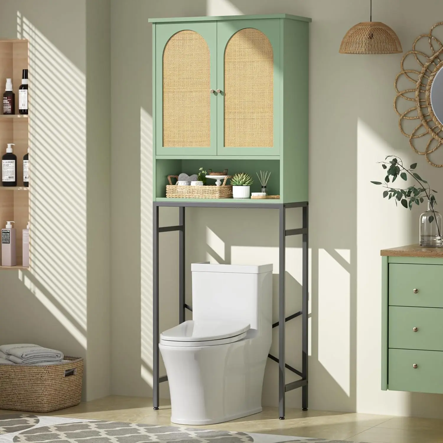 

Rattan Toilet Storage Cabinet, Over The Rack Wood Cabinet with Metal Stand, Bathroom Organizer with Adjustable Shelf, Space S