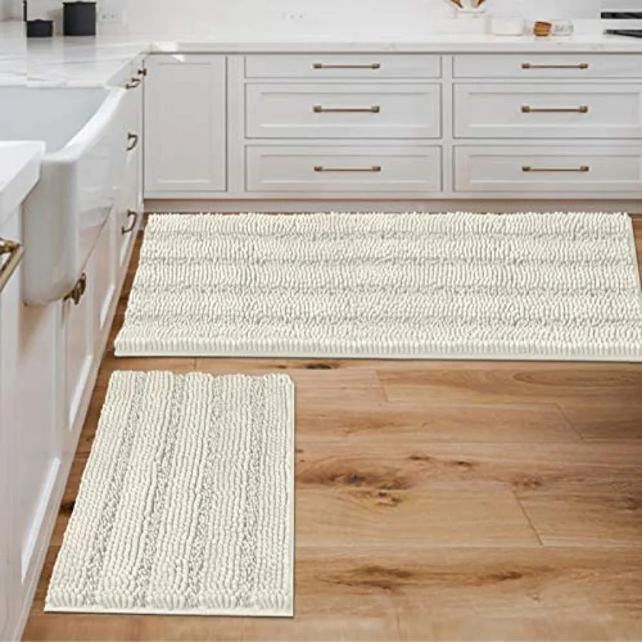 

Non Slip Thick Shaggy Chenille Bathroom Rug Mat Set Extra Soft and Absorbent Striped Floor Rugs 2 Pcs Machine-Washable