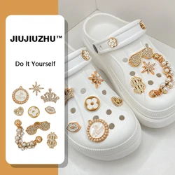 1 set Golden Fashion Shoe Charms Decoration Set for Crocs Rhinestone Pearl Chain Clogs Pins Gift For Women Girls