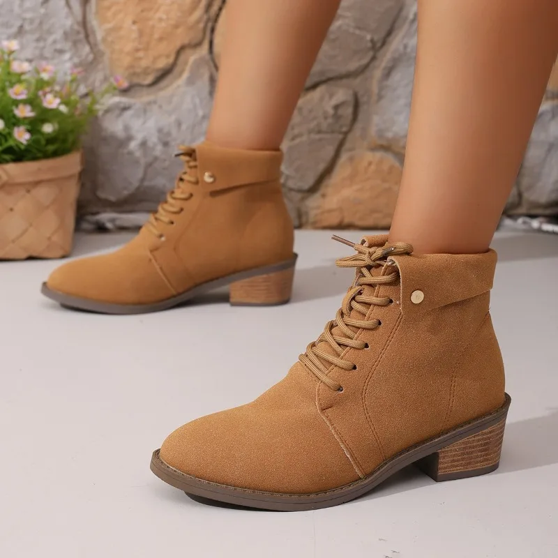 2025 Hot Fashion Women's Ankle Boots Yellow Side Zip Lace Up Women Shoes New Trend Versatile Shoes Pointed Low Heels Boots