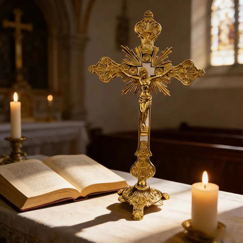 Neues 2026 Traditionelles Vergoldetes Orthodoxes Kruzifix mit INRI-Gravur, Stehendes Kreuz für Altarausstellung und Gottesdienst-Rituale, Geschenk – Detail 1