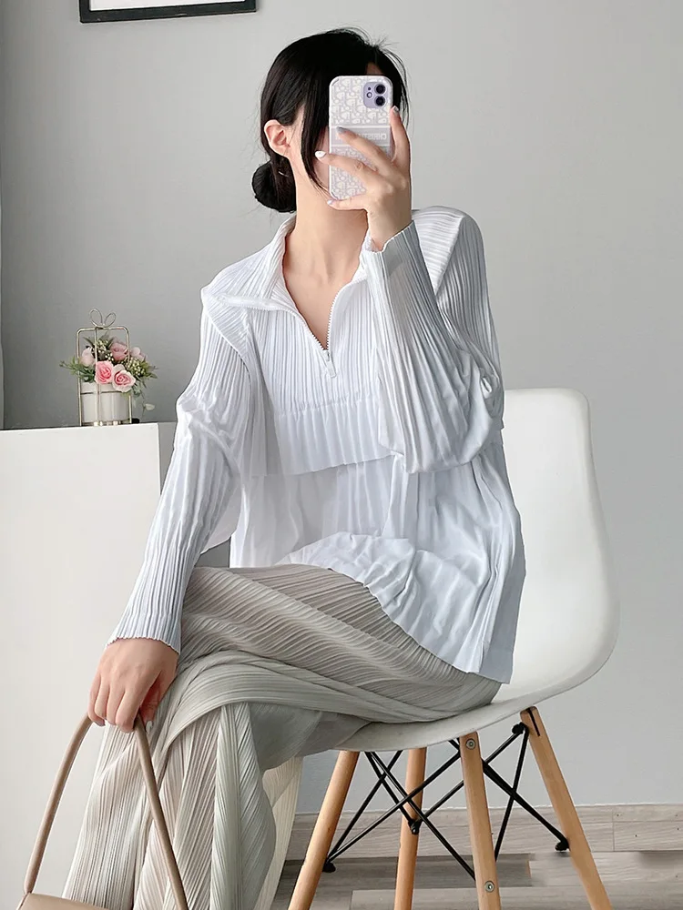 Pleated Pullover Women's Coat Loose Half Open Collar Zipper Top Autumn New  Women's Design Sense