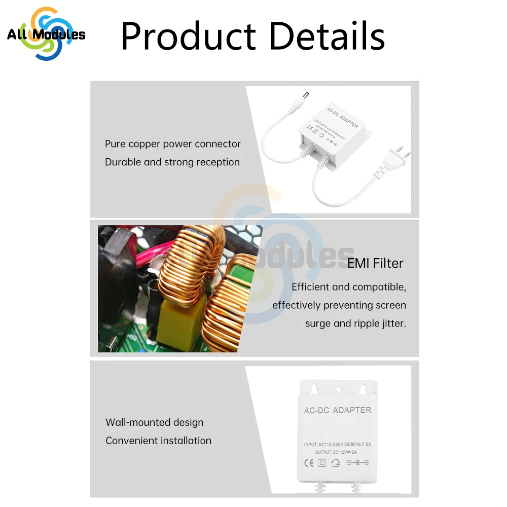 AC100-240V to DC12V2A Outdoor Power LED Strip Light Surveillance Camera Camera Power Adapter