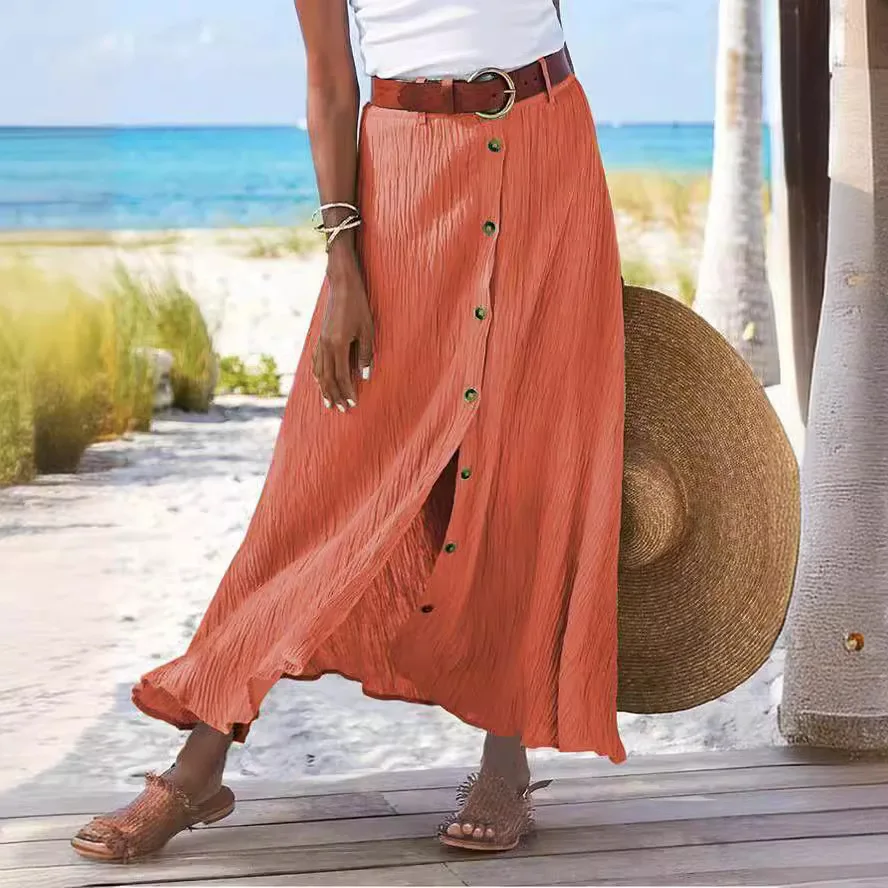 Women Skirt Spring Summer New Fashion Casual Cotton And Linen Solid Color Buttons Skirt Split A- Line Hip Waist Long Skirt