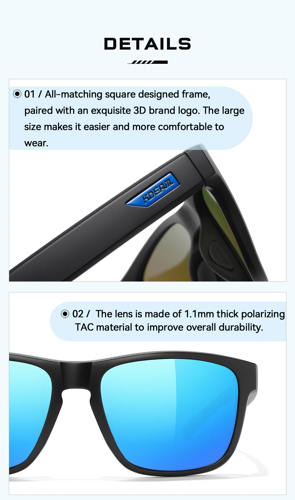 KDEAM XXL-Größe, polarisierte Sonnenbrille für Herren, Outdoor-Sportbrille, Gesamtbreite 155 mm, extra große Sonnenbrille – Detail 2