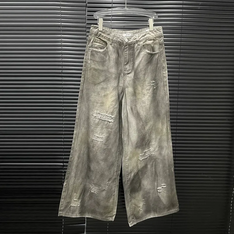 WTHT Vintage Fashion Women's Do Old Hole Wide Leg Jeans 2025 Summer Trendy High Waist Straight Denim Pants Female 1LS1875