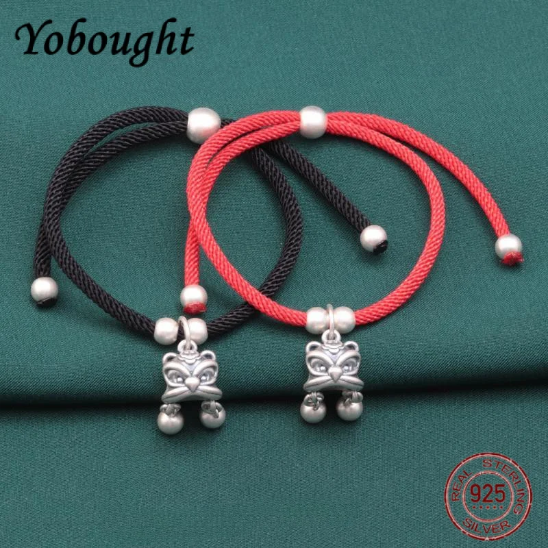 

NEW 925 Sterling Silver Vintage 3D Hard Silver Chinese Style Iion Dance Hand Woven Couple Red Rope Bracelet