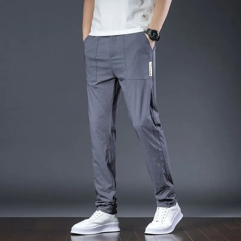 Men's Summer Ice Silk Pants Quick Dry Loose Fit Straight Leg Trousers Teenagers Elastic Waist Casual Sportswear