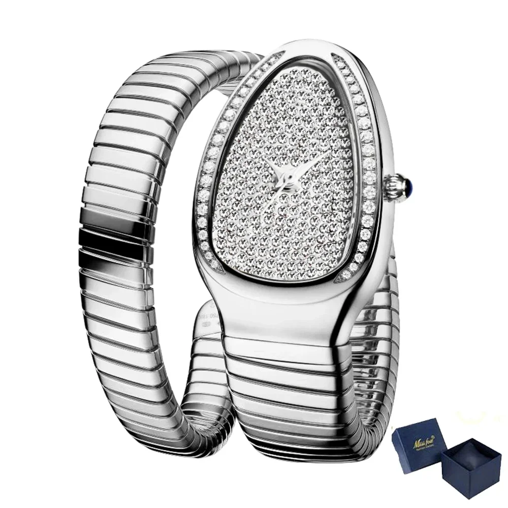 

New Snake Head Luxury Womens Watches Full Diamond Dial Bezel Fexible Bracelet Quartz Movt Watch for Women Gold Reloj Para Mujer