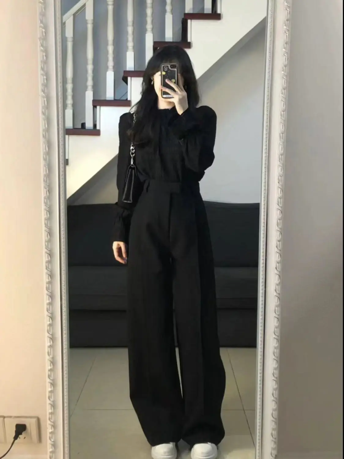 Black Two Piece Sets Women Outifits 2024 Autumn New Long Sleeve O Neck Cropped blouse + High Waisted Wide Leg Pant Suits