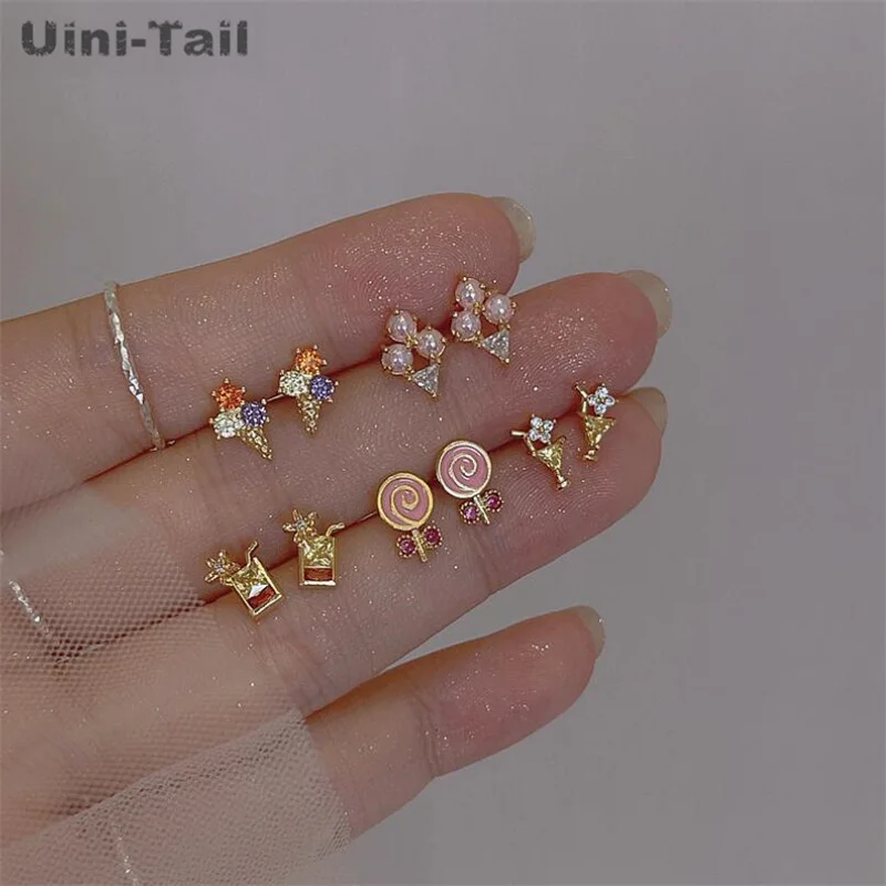 Uini-Tail\'s new 925 Tibetan silver sweet ice cream lollipop micro-set earrings temperament simple summer dessert series earrings