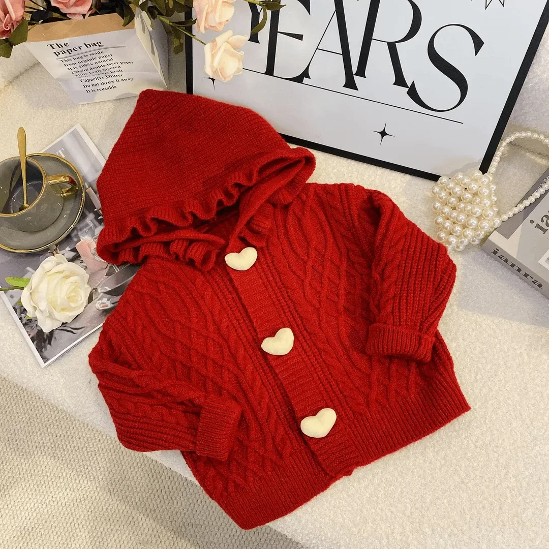 2024 Autumn New Korean Girls\' Girls Sweater with Hat Autumn and Winter Red Long Sleeved Top with Heart Button Knitted Cardigan