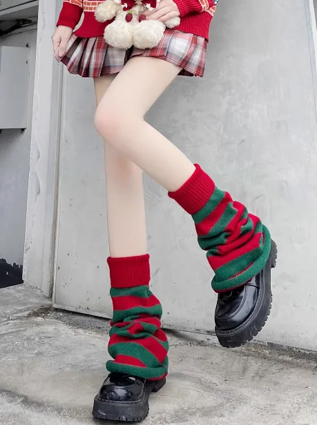 Cute Flared Leg Warmers for Girls, Japanese Harajuku Leg Warmers, Kawaii Red Green Stripe Loose Foot Cover, Knee High Socks