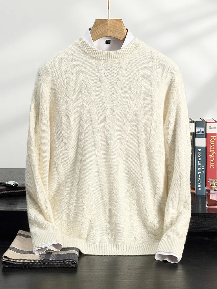 Thick Men's O-neck Sweater Autumn Winter 100% Cashmere Knitwear Twist Flower Jacquard Pullovers High-end Clothing Business Tops