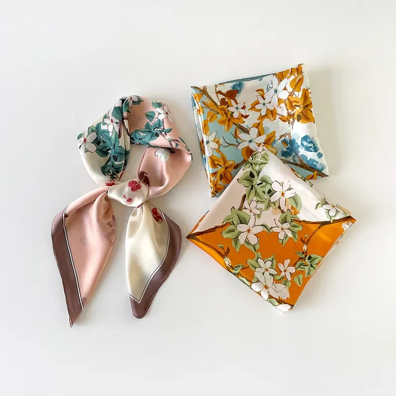 Pañuelo de seda de gasa satinada francesa 2026 de 70 cm cuadrado con estampado floral azul para mujer, pañuelo protector de cuello para camisa