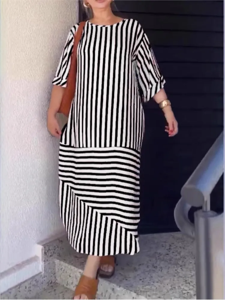 

Summer Striped Dress For Women Fashion O Neck Pullover Loose Dresses Robe Femme Casual Holiday Streetwear Womens Clothing New