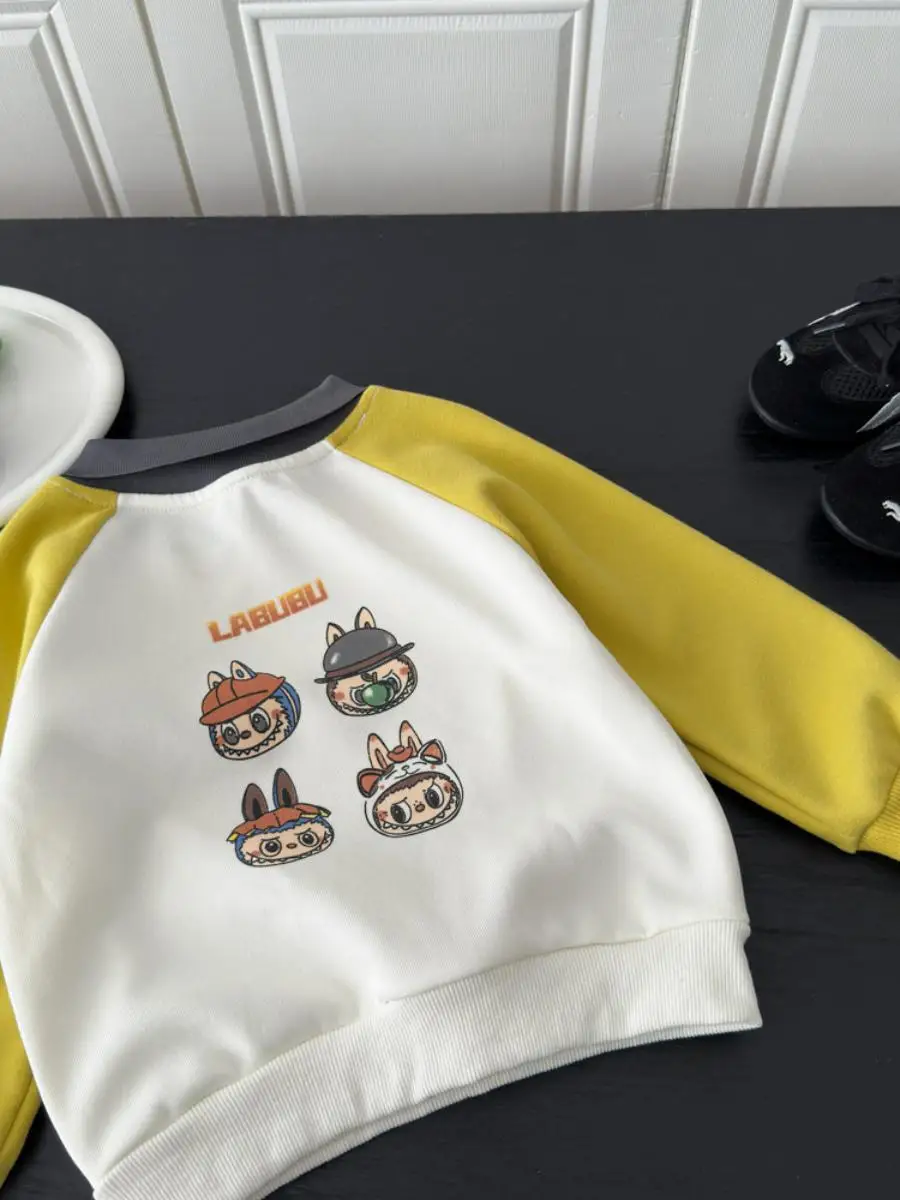 子供用カジュアルアニマル漫画プリントパーカー、襟付きパッチワークトップ、男の子と女の子向け、2025年秋新作
