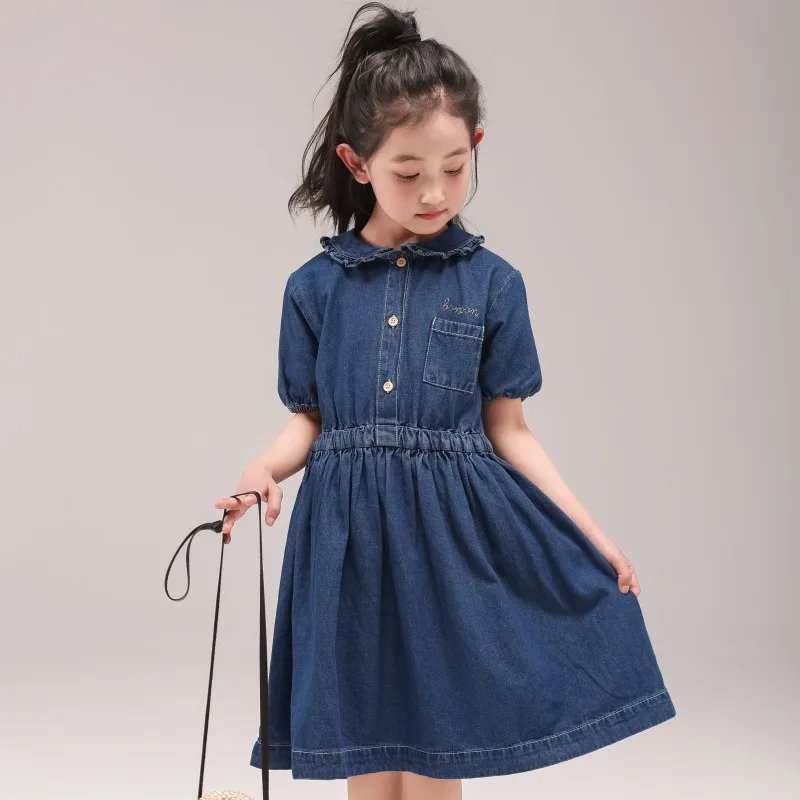 2023 Fashion Summer Girl Party Dress Princess Demin Dress Children Jeans Dresses Teenager Girl Peter Pan Clothing