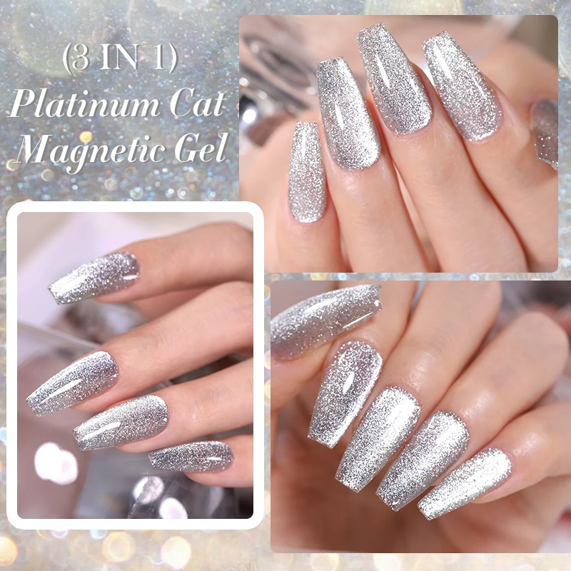 LILYCUTE 7ML 3 IN 1 Platinum Cat Magnetic Gel Nail Polish Silver Moonlight Magnetic Nail Sparkling Glitter Semi Permanent UV Gel