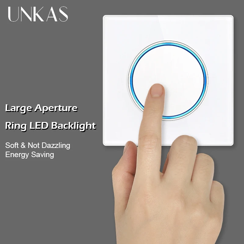 UNKAS White Tempered Glass Panel On / Off Wall Light Switch With Blue Large Aperture Backlight DIY Modules Free Combination