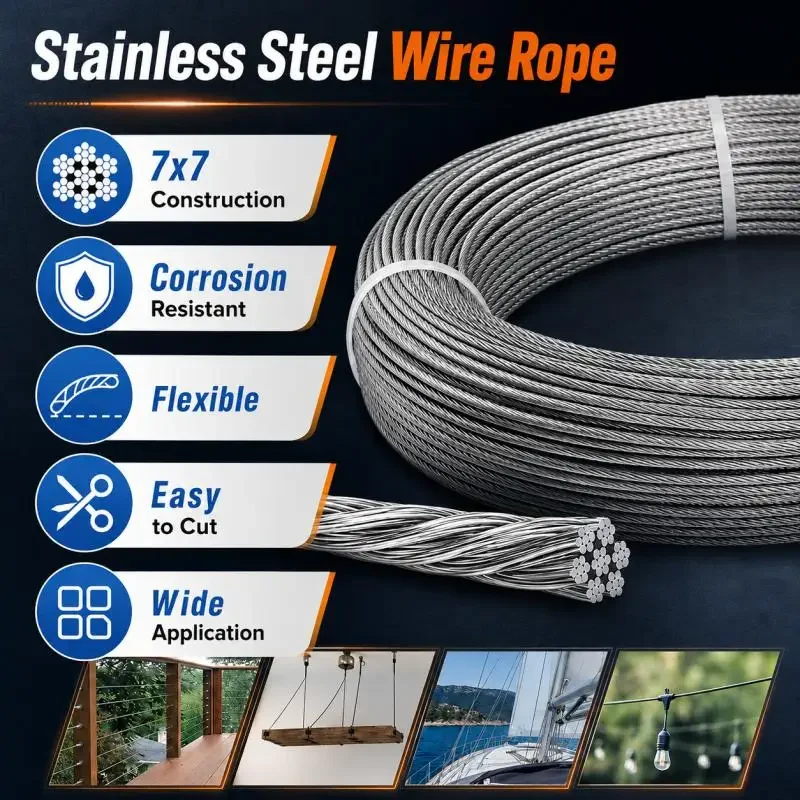 5m/10m 304 Stainlesss Steel Cable Suitable for Hanging String Lights Deck Railings Porch Fences Clothes Hanging Ropes