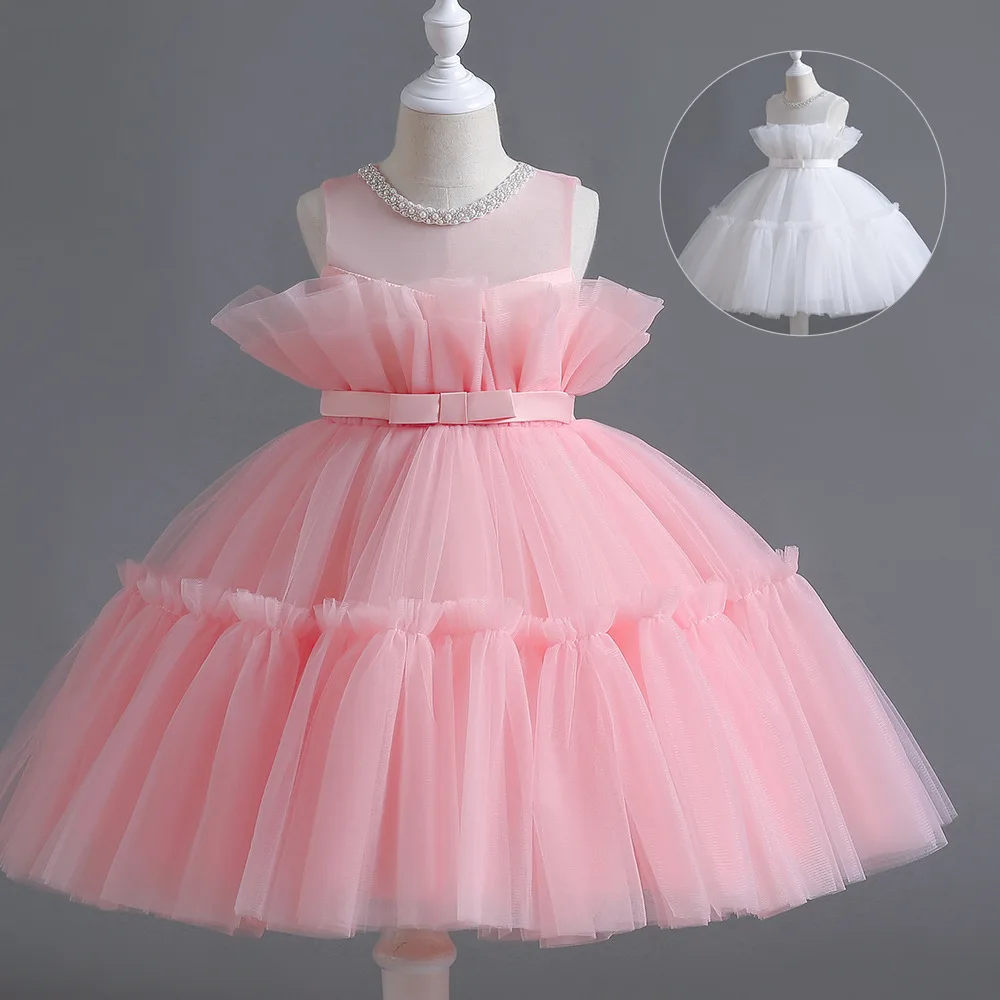 

ELBCOS 4-14T Kid Girls Solid Color No-Sleeve Beading Belt Bubble Skirt Costumes Evening Full Layered Dress