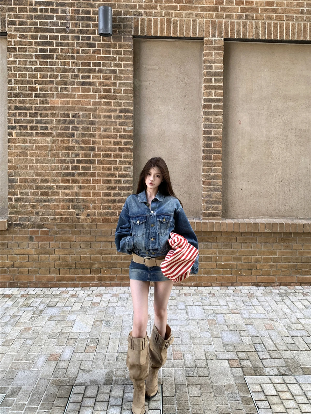 

Винтажный синий джинсовый костюм Waed: женский комплект из двух предметов (куртка и юбка/брюки) для весенней моды, ретро-стиль, повседневная одежда