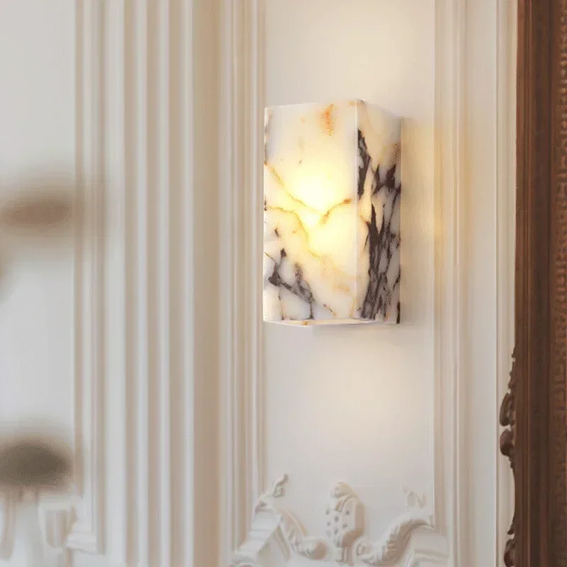 

Luxury Black Cuboid Natural Stone Wall Lamp High-end Bedroom Bedside LED Sconce Living Room Bathroom Waterproof Lighting Fixture