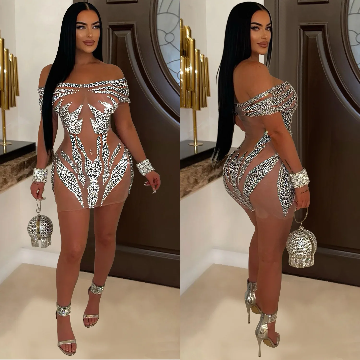 European and American Fashion Women's Sexy Hot Diamond Perspective Dress Short Skirt