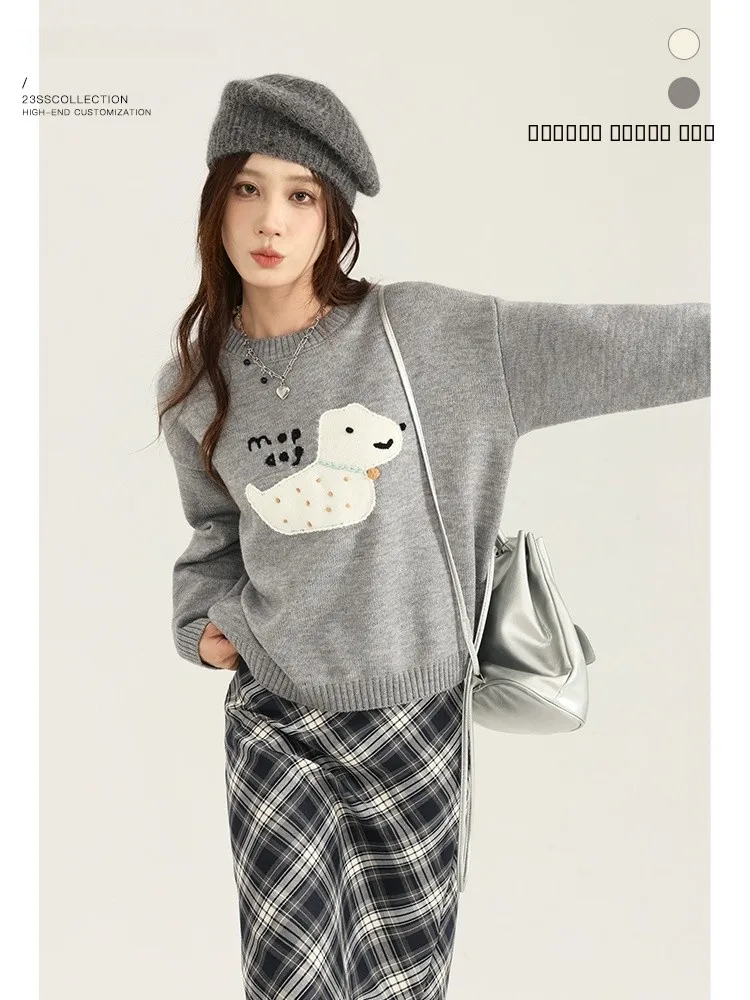 

ay Embroidered Dog Sweater Loose Fit round Ne Women's Sle Fce Knitted Long Sve Warmth Casual Faion Commute Sle