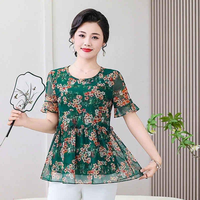 Summer Vintage Stylish Floral Printed Blouse Female Clothing Elegant Ruffles Spliced Short Sleeve Casual O-Neck Chiffon Shirt