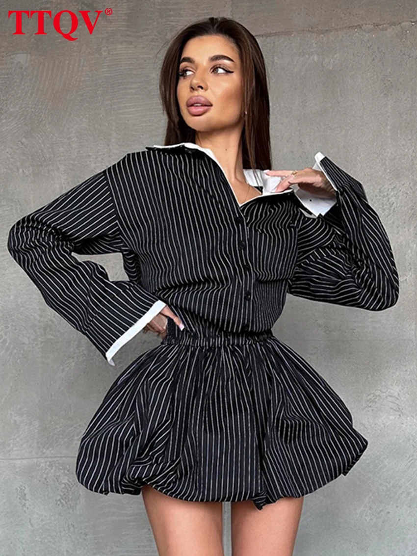

Женское платье TTQV весеннее свободного кроя в полоску, модное мини-платье 2026 года с отложным воротником и длинными рукавами, элегантное классическое плиссированное женское платье в уличном стиле