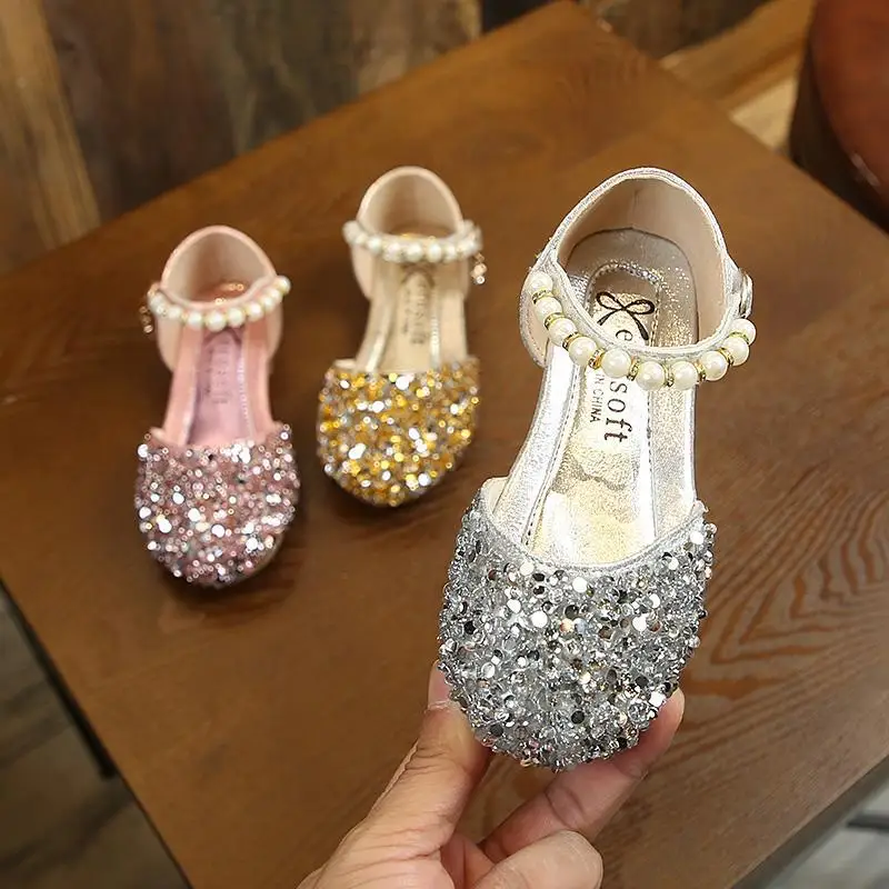 New Fashion Sequin Children Kids Shoes Big Girl Sandals For Summer Dance Princess Beading Leather Shoes 3 4 5 6 7 8 9 10 12 Year