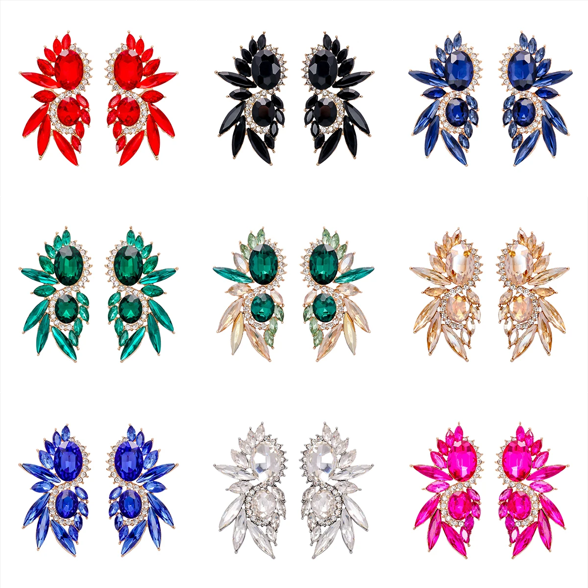 Multi Colors Fuchsia Crystals Stud Earrings For Women Luxury Party Large Earrings