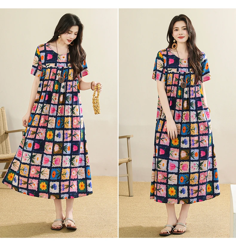 New 2025 Summer Dress For Women Plus Size Dress Casual Short Sleeve Boho Vintage Print Long Maxi Dress Beach Women Clothing
