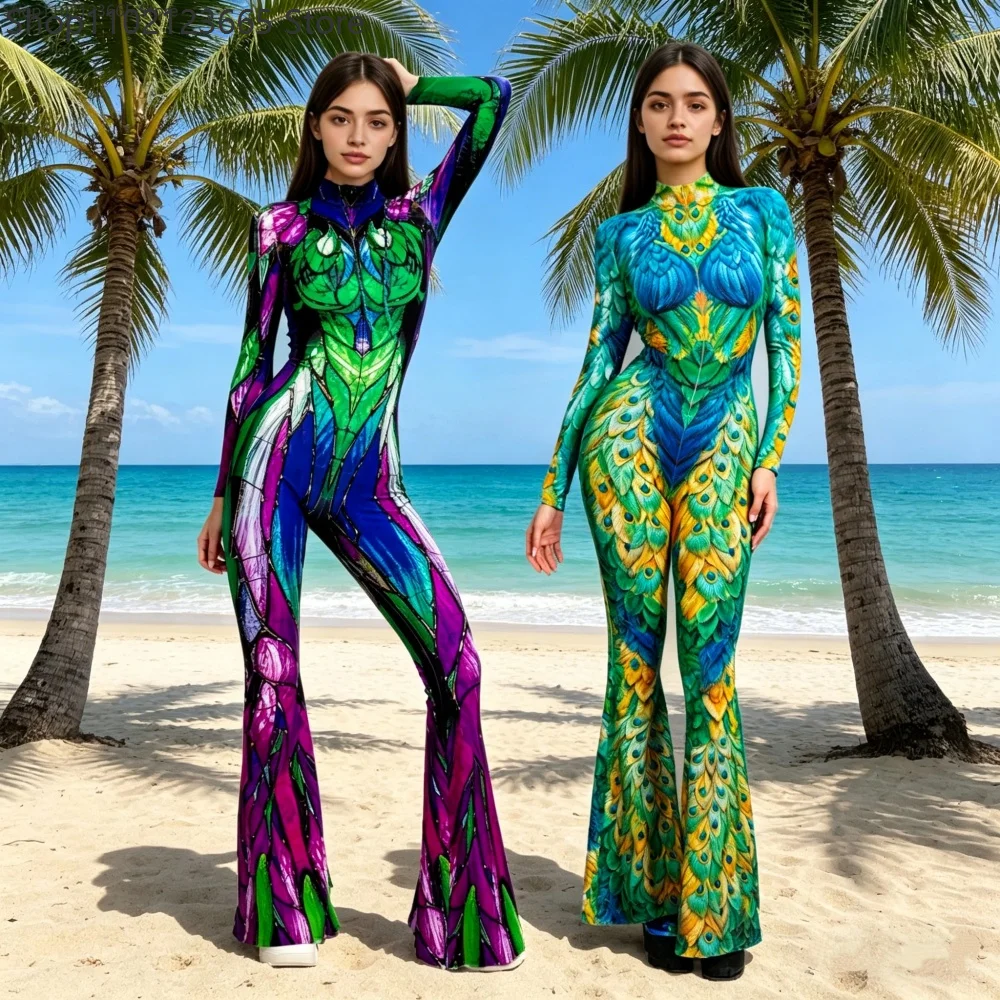 

Parrot Print Stage Performance Costume Adult Halloween Event Carnival Party Costume Women's Cosplay Animal Wide-leg Bodysuit