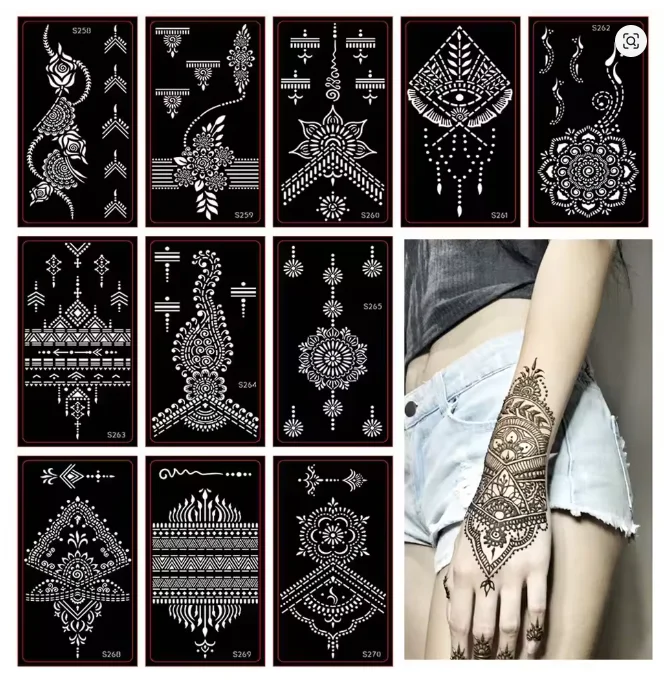 

10 листов/набор трафаретов для хны (мехенди) с индийскими цветочными узорами, временные трафареты для аэрографии, набор инструментов для росписи рук на свадьбу