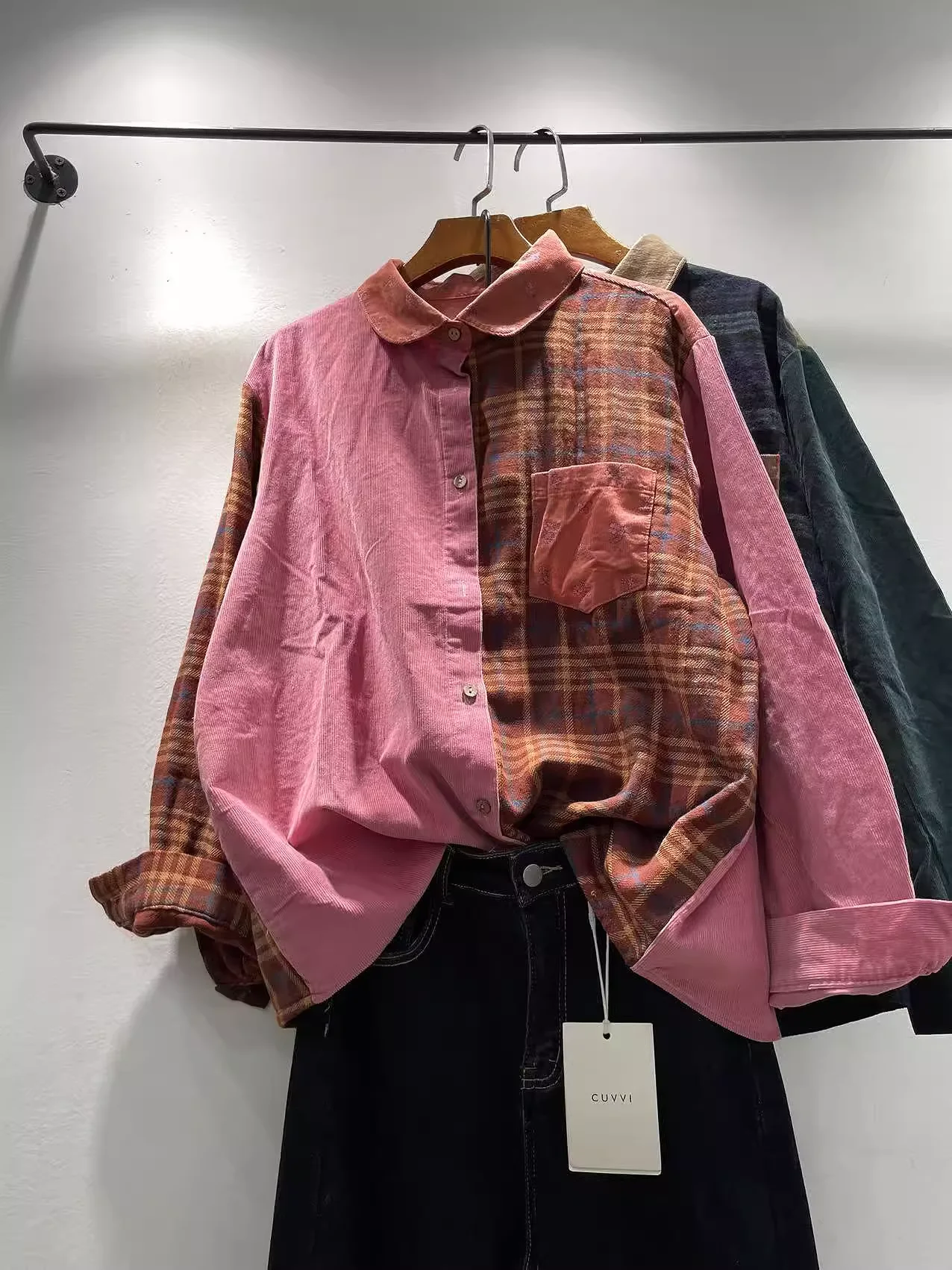 

Bust 124cm Large Size Corduroy Shirts for Women Autumn Original Brand Plaid Patchwork Corduroy Blouses Long Sleeve Tops