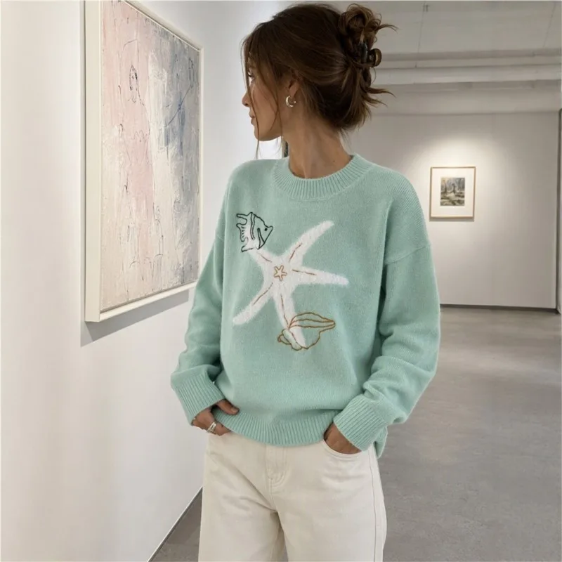 MsChuh Women's Jumper Comfortable All-match Loose Simple Style Sweater Commuting Fresh And Sweet Homewear Daily Printed Contrast