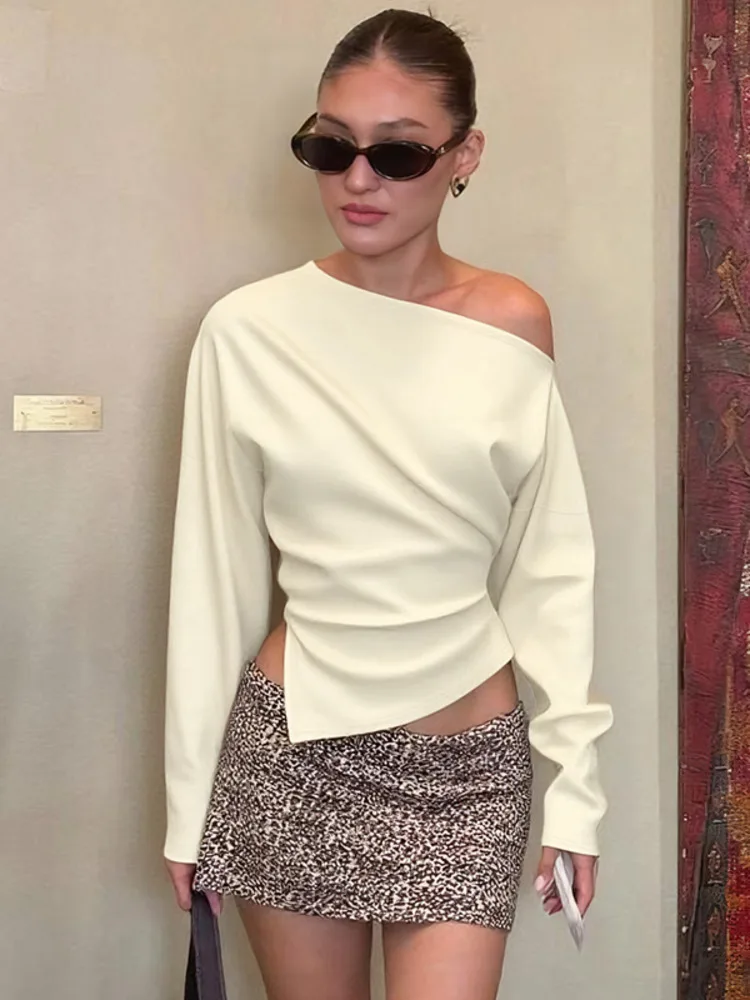 

XIAOTANG Inclined Shoulder Long Sleeve Sexy T-shirt Women Autumn Fashion Solid Skew Collar Backless Ruched Club Party T-shirts