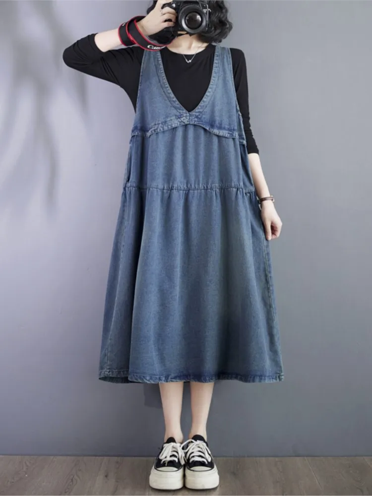 Denim Oversized Summer Sleeveless Vest Dress Women Loose Ruffle Pleated Fashion Casual Ladies Dresses A-Line Woman Midi Dress