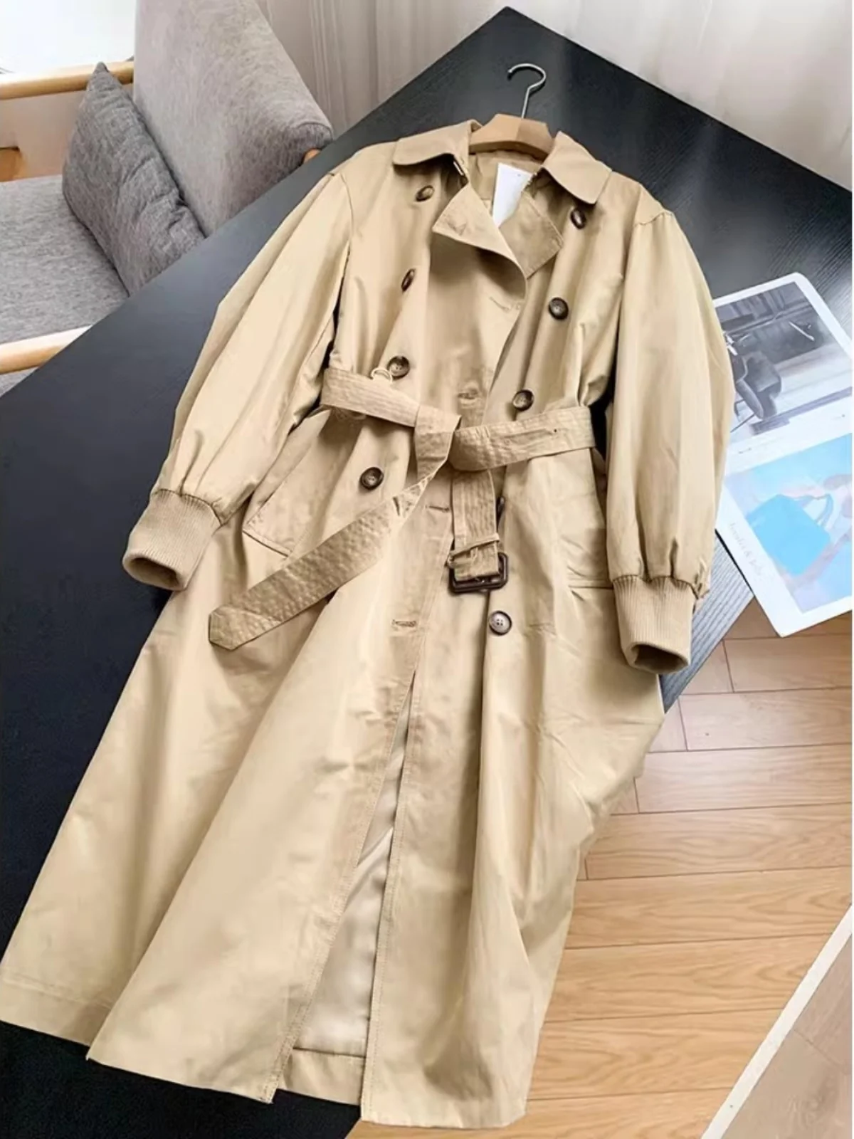 

Classic Khaki Briti Sle Women's Coat Double Breasted Waist-Cinching Mid-Length Autumn New Faion Wimigirls Windbreaker