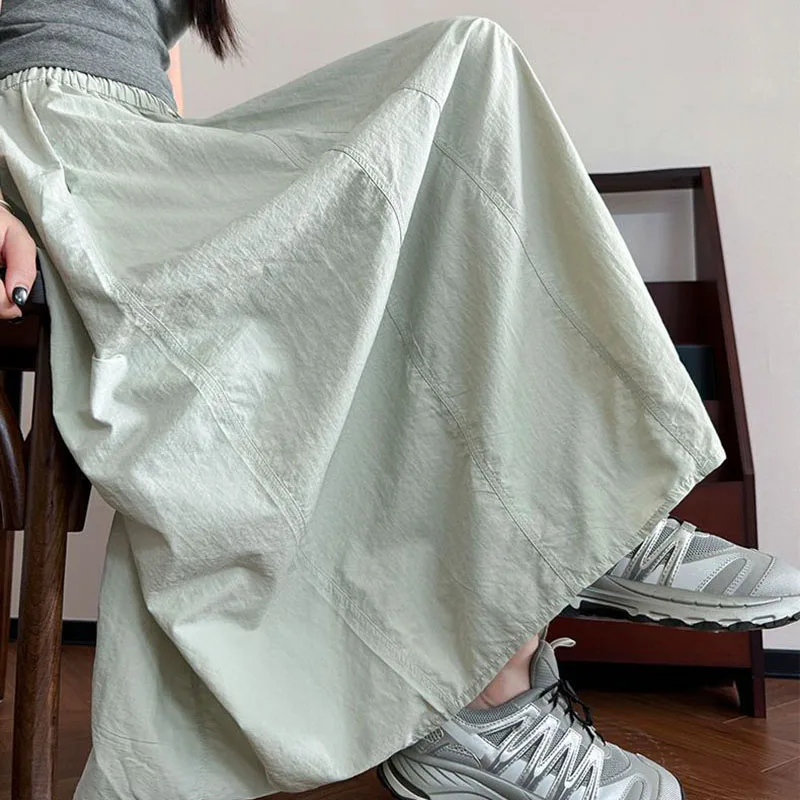 Damskie luźne spódnice spadochronowe Harajuku Vintage Streetwear ze sznurkiem, długa spódnica damska letnia z elastyczną talią, jednolite spódnice maxi
