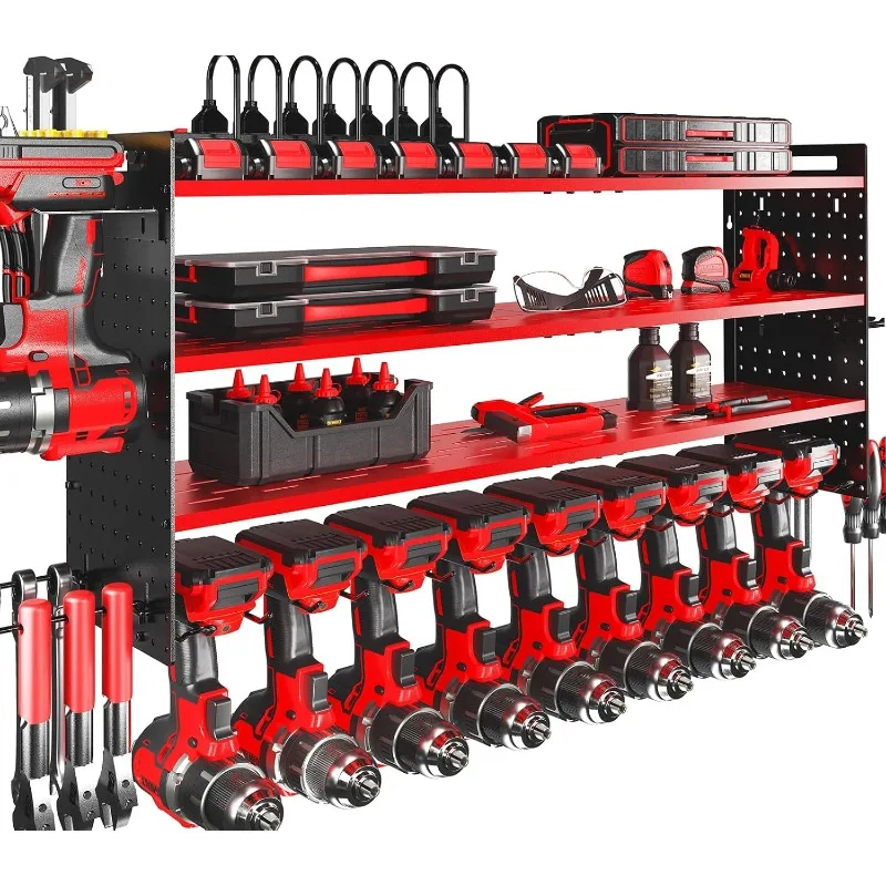 

Power Tool Organizer with Charging Station,9 Drill Holder Wall Mount,4 Layer Heavy Duty Metal Cordless Drill Storage for