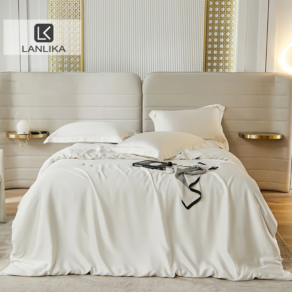 Lanlika Home Textile Solid Color 100% Silk Duvet Cover Pillow Case Bed Sheet Quilt Cover Women Men Bedding Linens Set King Queen