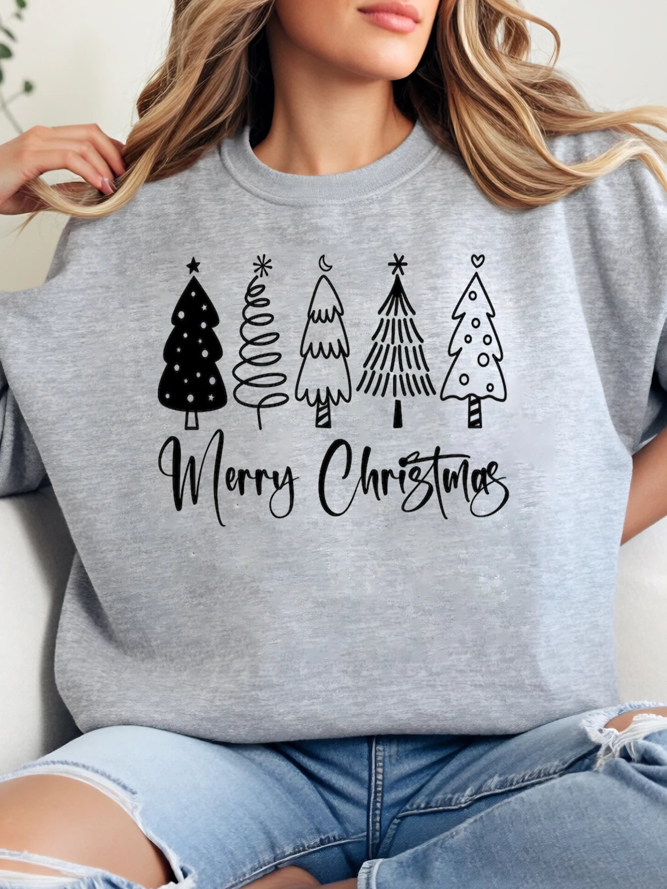 

Рождественская елка, толстовка с рождественским принтом, женская праздничная повседневная одежда, серая, больших размеров