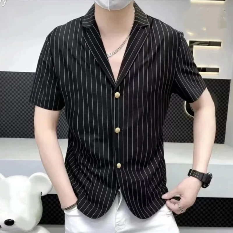 All Match Men's Suit Short Sleeved Classic Collar Striped Single Breasted Summer Fashion Trend High-end Small Suit Trend
