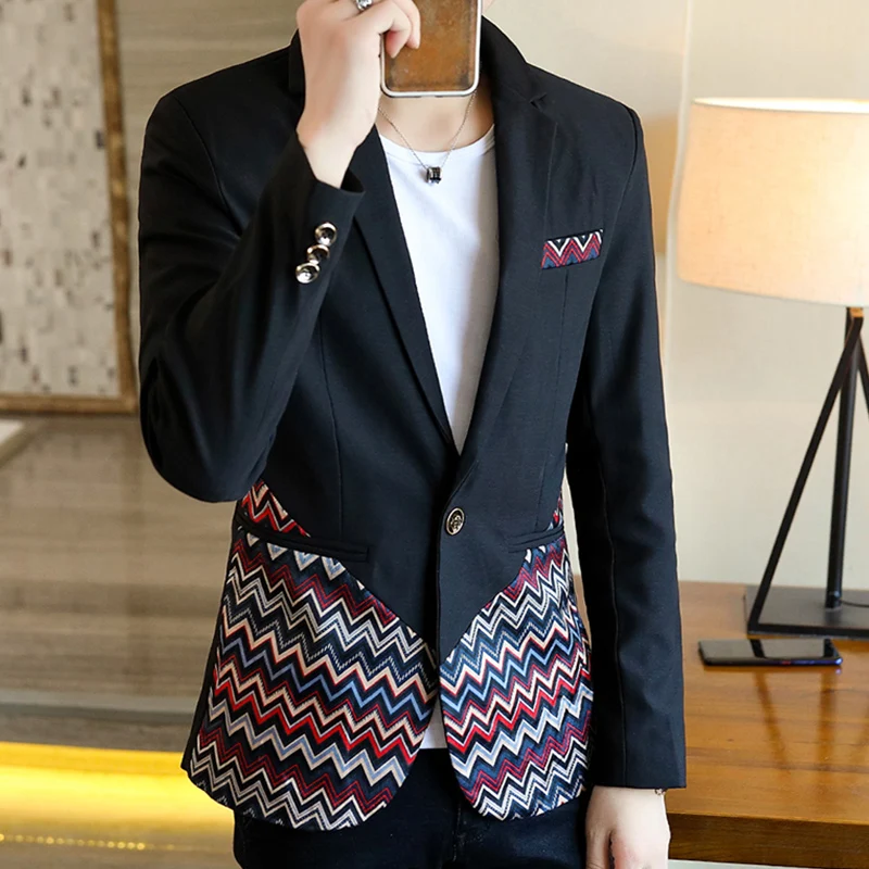 Bohemian Style Men Ethnic Printed Casual Blazer Single Button 2022 Spring Autumn Notched Lapel Suit Jacket Male Outerwear